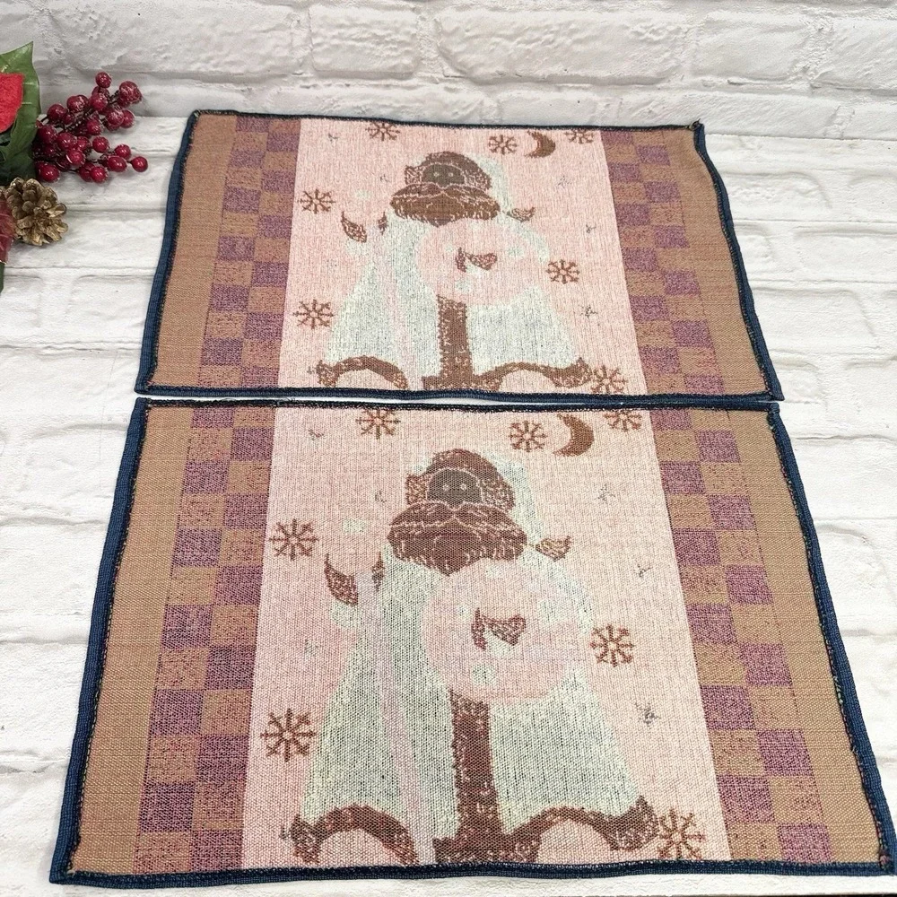 Vtg Tapestry Christmas Placemats Folk Art Santa Blue Green Plaid Cottagecore 2
